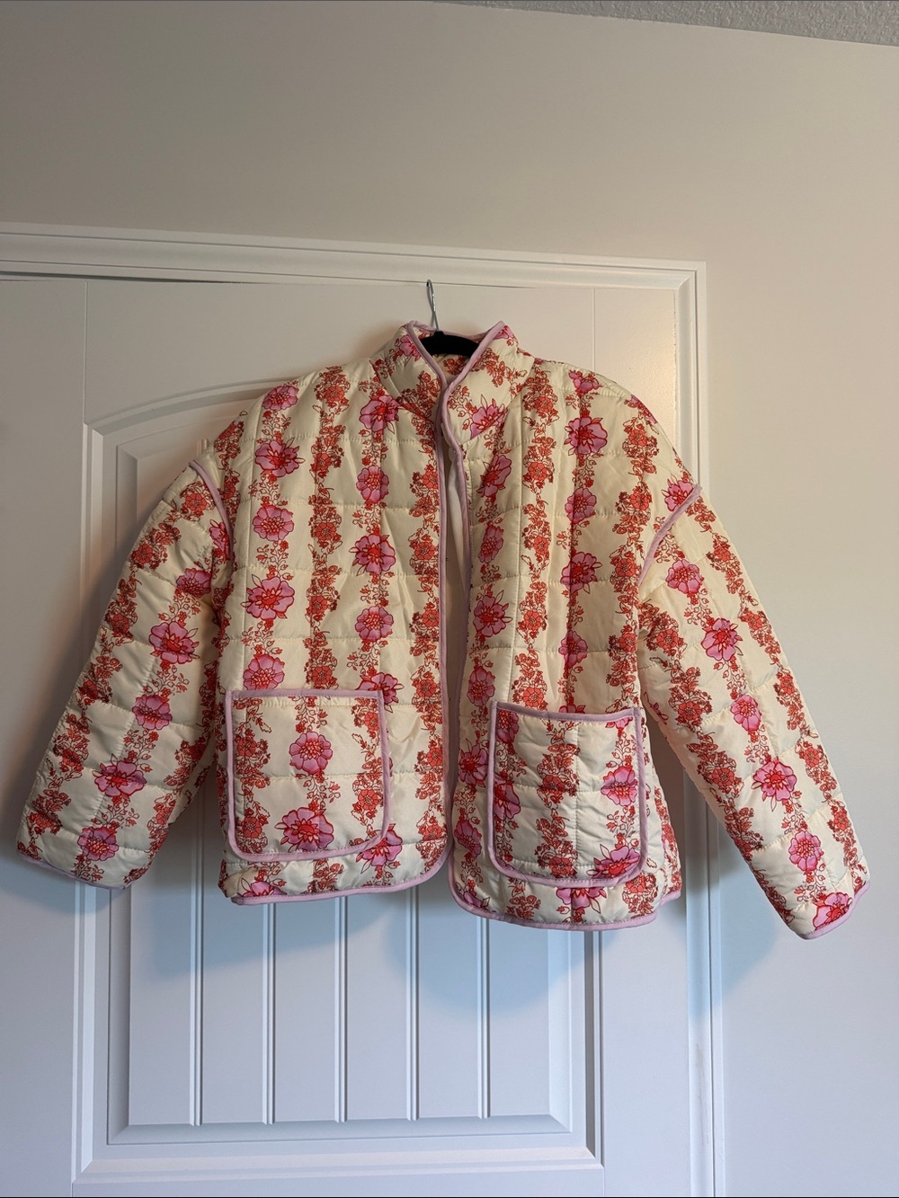 Floral puffer jacket.